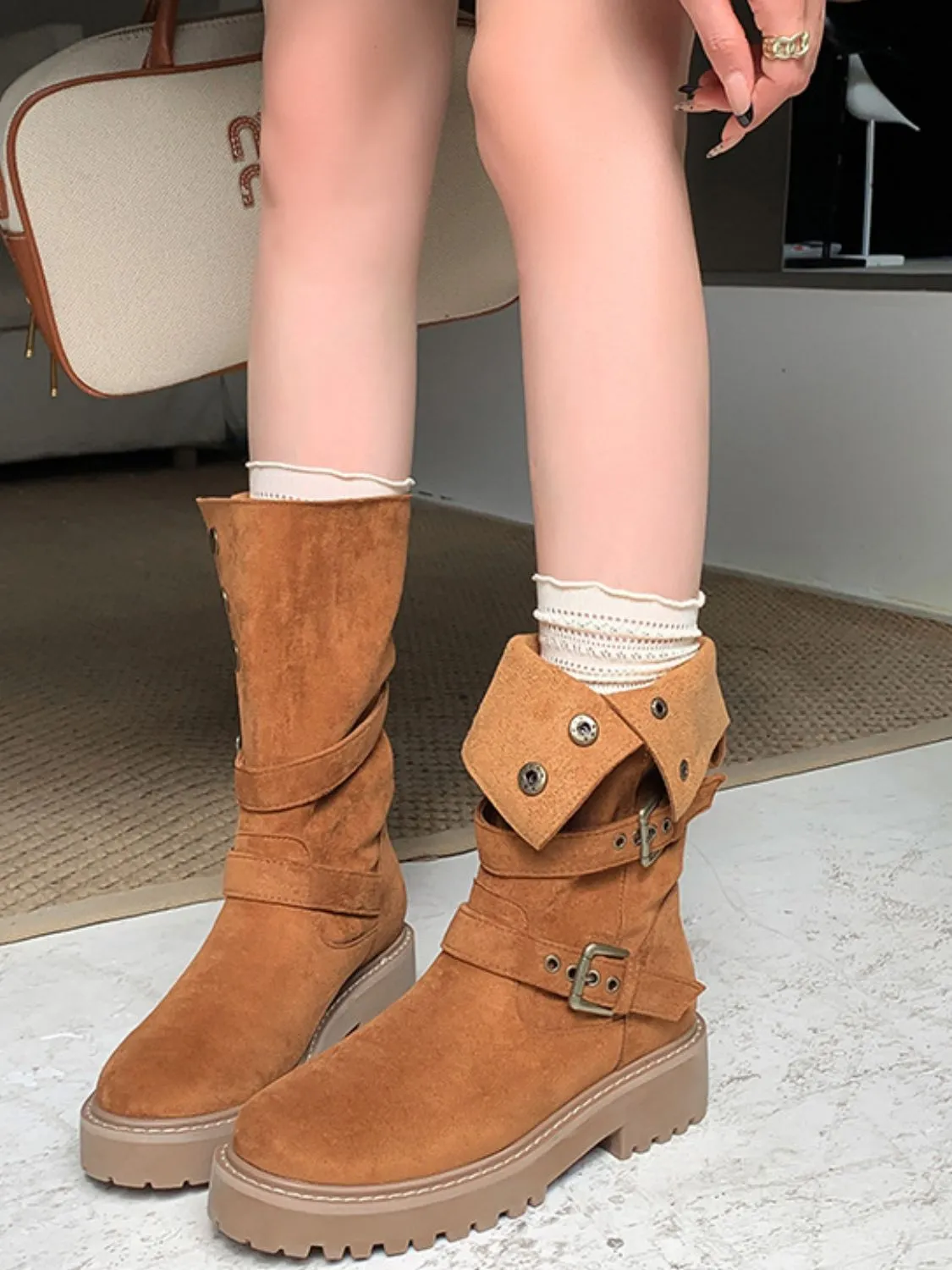 Women's Round Toe Platform Boots | Stylish Mid Heel Casual Footwear