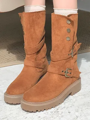 Women's Round Toe Platform Boots | Stylish Mid Heel Casual Footwear