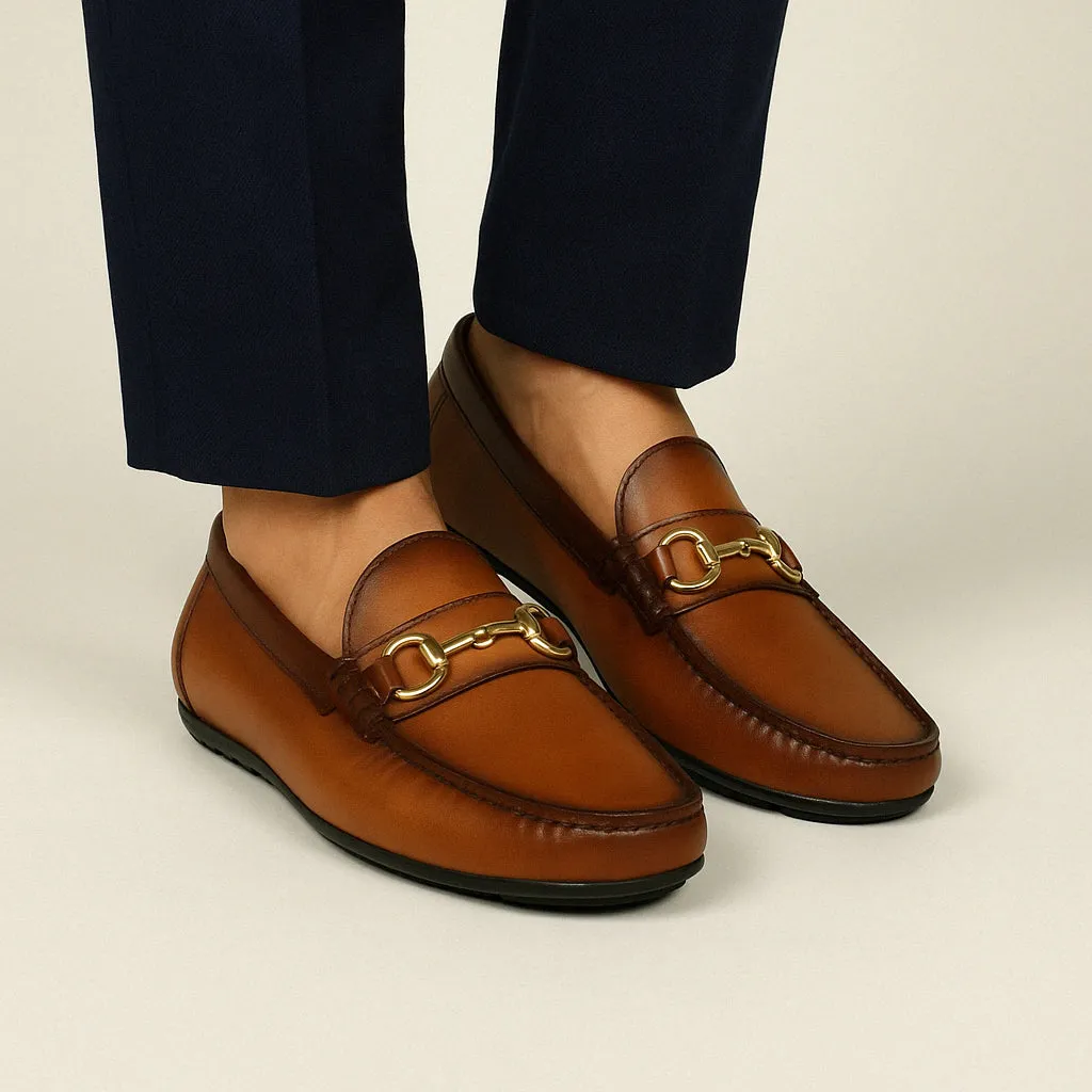 Yellowish Leather Driver Loafer With Horse-bit Buckle